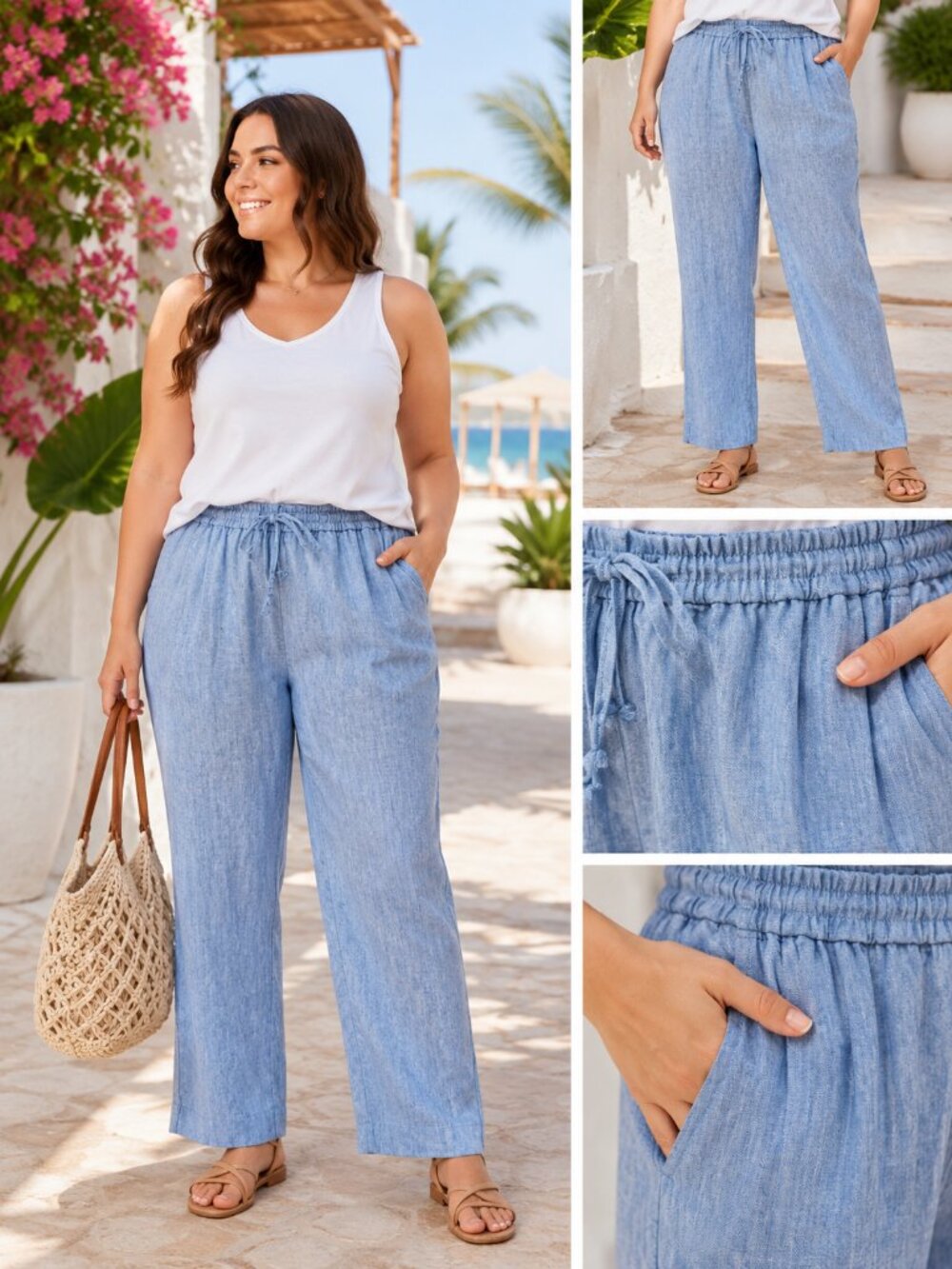 Talbots Linen Chambray Blue Sz 22 Straight Leg Drawstring Pull-On vacation